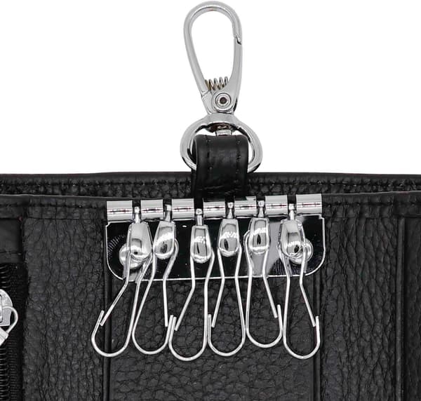 Unisex Compact Leather Key Ring Wallet Key Holder Ring with 6 Hanging Buckle Hooks Snap Closure, Black