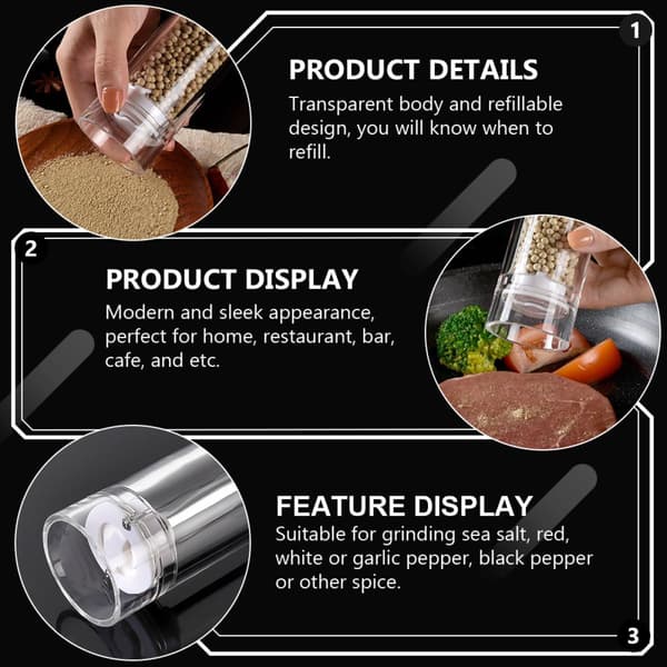 Acrylic Pepper Mill with Adjustable Coarseness, Modern Elegant Manual Pepper Grinder