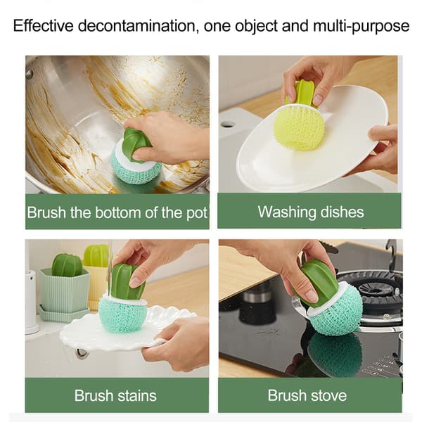 Creative Cactus-Shaped Dish Brush, Yellow Pot Green Brush, 3 Green Gradient Refill Balls, Kitchen Scrubber
