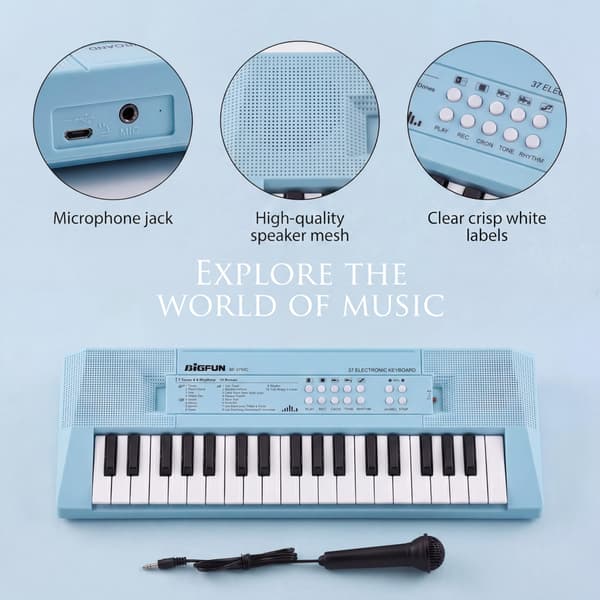 37-Key Kids Piano with Microphone, Music Keyboard, Light Blue Light Blue