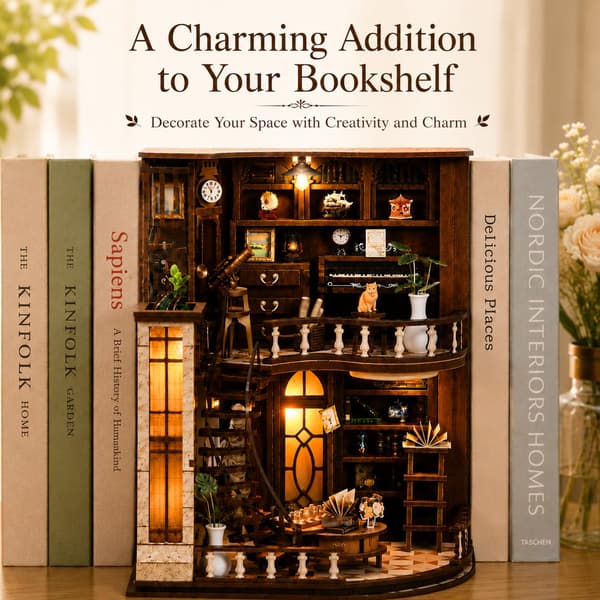 Book Nook Kit - DIY Miniature House for Adults and Teens, 3D Wooden Bookshelf Insert with LED Light, Bookshelf Decoration (Basque Study) Basque Study