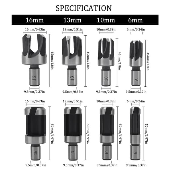 8-delt propfræser, propbits 6mm/10mm/13mm/16mm, kulstofstål, bor til træbearbejdning