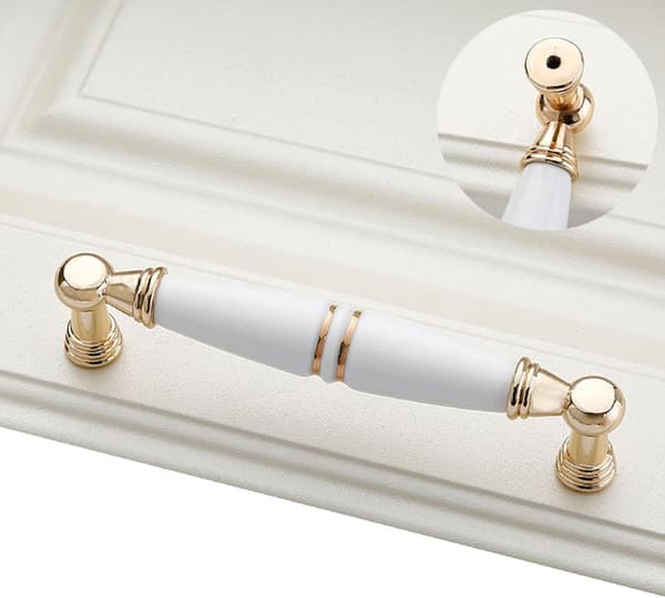 6-piece cabinet handle set, white ceramic zinc alloy cabinet handle (hole: 128 mm)