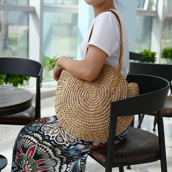 Round Woven Bag - Summer Beach Bag Straw Handmade Woven Shoulder Bag with Zipper, Leather Handle