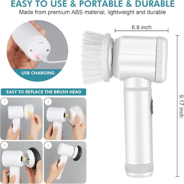 Wireless Electric Cleaning Brush with 5 Replaceable Brush Heads - Handheld Electric Shower Cleaner