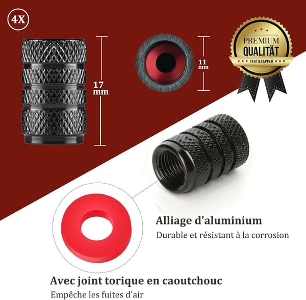 (1,7×1,1×1,1cm) 4 stk. ventilhætter til bildæk - aluminiumsventilhætter til biler - ventilhætter til cykler med tætningsring - universal