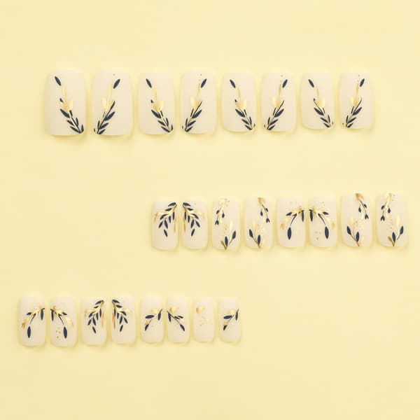 Gold Blue Leaf Press on Nails, Gold Foil Design, Acrylic Nails Glossy Artificial Fingernails Spring Stick on Nails
