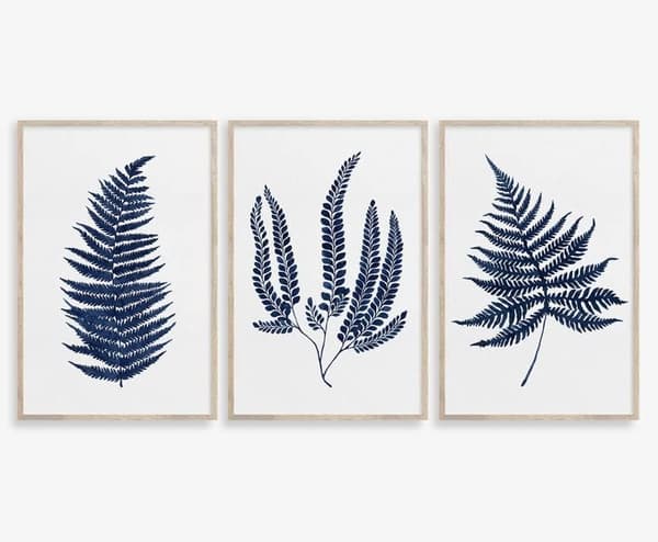 Set med 3 indigoblå ormbunksbladstryck - Maidenhair ormbunksväggkonst - 30 x 40 cm - Oinramad