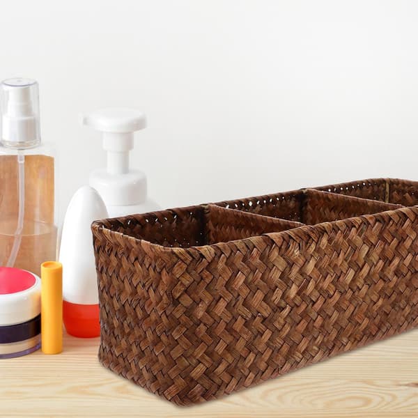 Woven Basket Desk Organizer 3-Compartment Basket Multifunctional Storage Container Khaki Simple