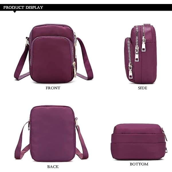 Women's Crossbody Phone Bag, Nylon Shoulder Bag, 3-Layer Cell Phone Wallet with Adjustable Shoulder Strap (Purple)