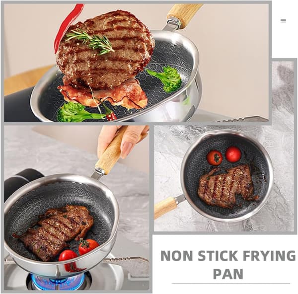Nonstick stekepanne i rustfritt stål 20 cm Honeycomb-overflate Varmebevarende trehåndtak