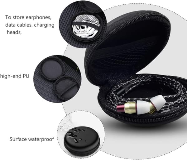 Storage Case for Data Cables and Headphones, 10 Pieces in Black PU Leather, Durable Round Pouch for Daily Use