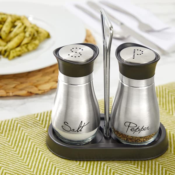 Salt- og peberkværnsæt med holder, moderne dispenser i rustfrit stål og glas, 3 dele i alt, 118 ml Sølv Silver