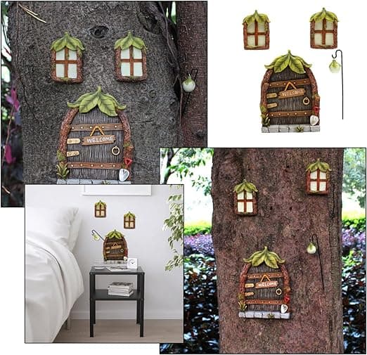 Miniature dør og vindue til feer, lysende vindue og dør