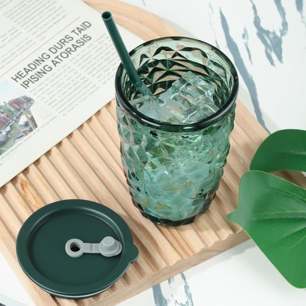 400 ml Green Glass with Lid and Straw, Diamond Design Smoothie Cup, Drinking Jar for Iced Tea, Smoothie, Juice, 2-Pack