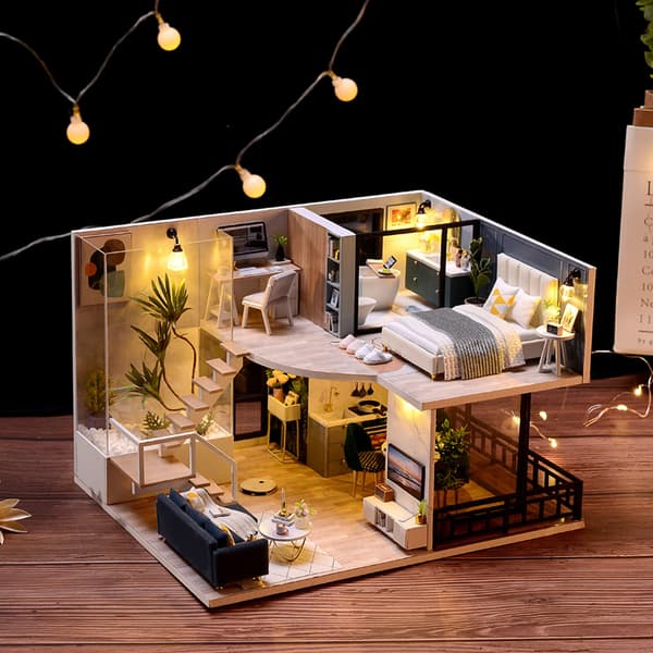 DIY Dockhus i Trä, Dockhus Miniatyr med Möbler