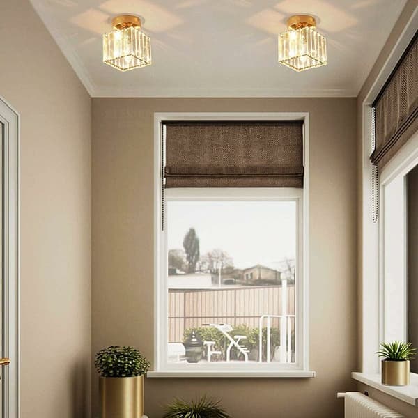Crystal Ceiling Lamp, 60W Mini Square Chandelier Flush Mount Modern Foldable Close to Ceiling Light, Dining Room Bedroom Kitchen Corridor Yard