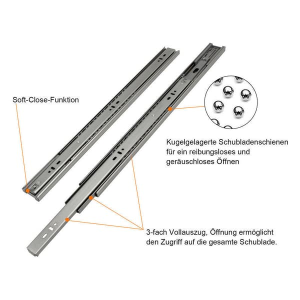 Lådskenor med automatisk retur, fullt utdrag, 45mm, 450mm, 2 st