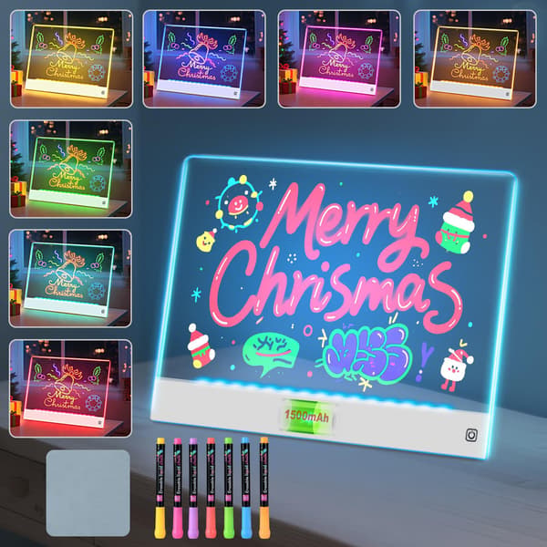 Genopladelig LED-whiteboard, 7 farvers belysning, akryl-whiteboard, LED tegne-/graffititavle (35 x 26 cm)