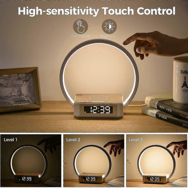 LED Bedside Lamp with Charging Function, Table Lamp Wake-up Light Alarm Clock Touch Control Dimmable, 5w Wireless Charger Table Lamp for Bedroom Living Room