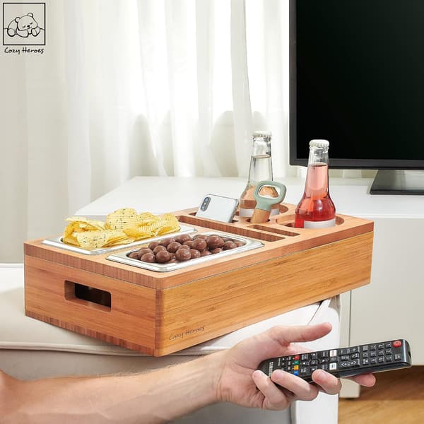 Snack Caddy med avtakbart lokk, drikkeholder, snacksbrett og teknisk organizer for sofa, seng og TV-elskere