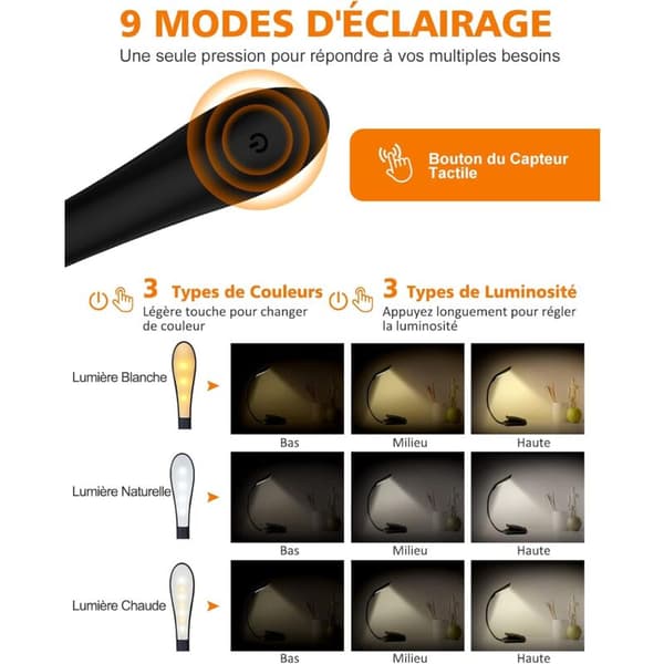 Reading Light, 7 LED USB Rechargeable Clip On Book Light with 9 Lighting Modes (3 Colors: Warm, Cool & Natural), 360° Flexible Neck Reading Lamp