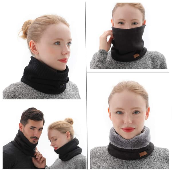 Wool-Lined Infinity Scarf Winter Neck Warmer Thickened Windproof Dustproof Ski Ring for Men and Women Double-Layer Wool-Lined Knitted, Black