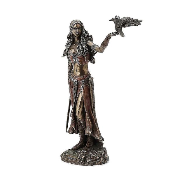 Harpiksstatuer Morrigan Den Keltiske Krigsgudinnen Med Kråkesverd Bronse