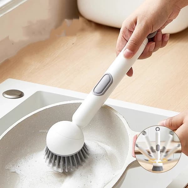 Refillable Dish Brush with Long Handle and Soap Dispenser white