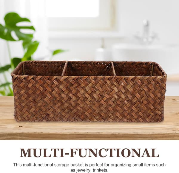 Woven Basket Desk Organizer 3-Compartment Basket Multifunctional Storage Container Khaki Simple