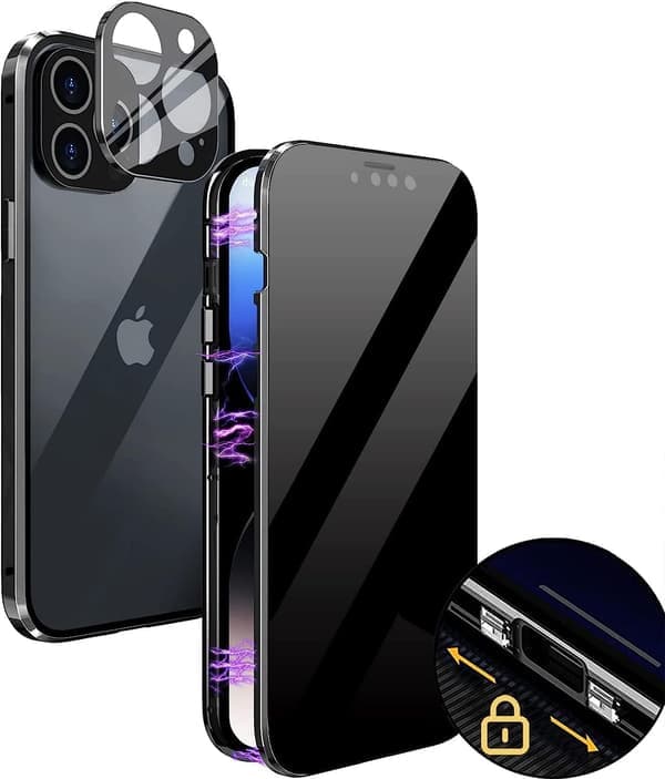 iPhone 16 Pro Max Magnetic Privacy Case with Metal Frame, Double-Sided Magnetic Glass, Anti-Spy Screen and Camera Lens Protector