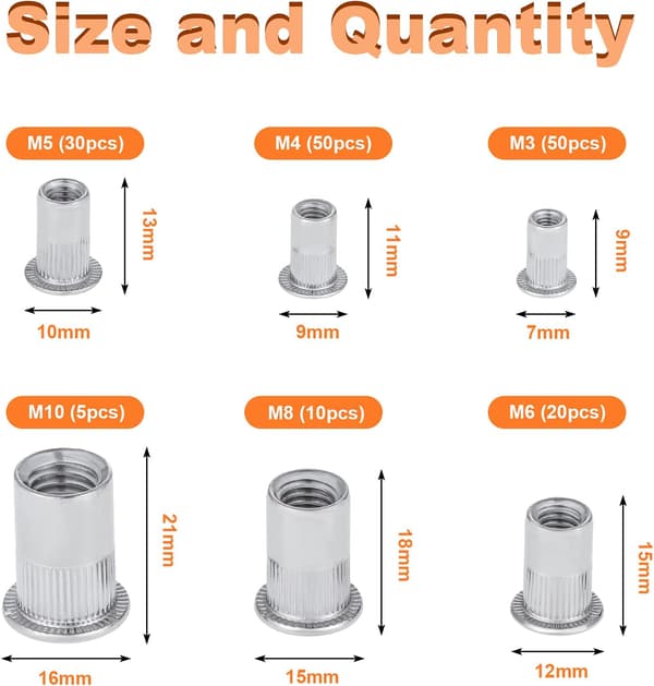 165PCS Stainless Steel Rivet Nuts Tool Flat Threaded Head (6 Types of Nuts)