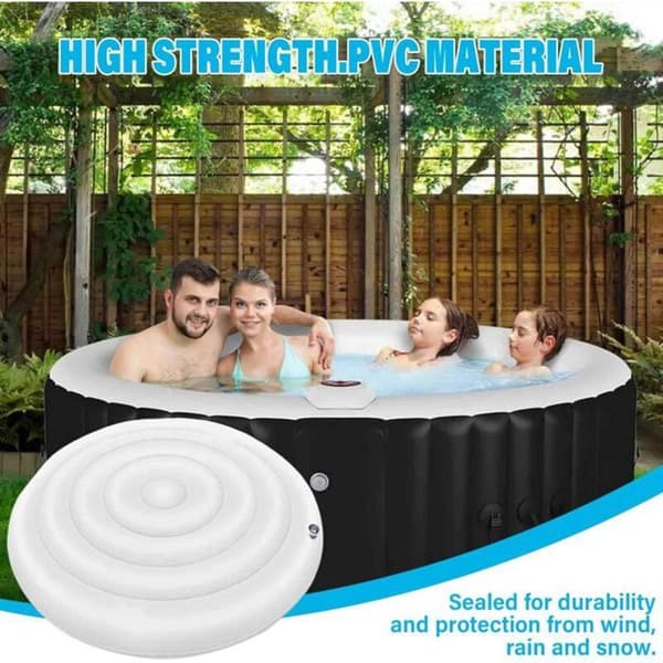 Inflatable spa cover (160 cm, round); easy inflation/deflation valve; windproof, waterproof, snow-resistant, and insulated.