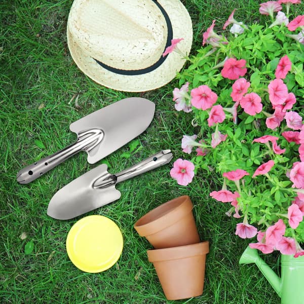 Hagespade, slitesterk og robust spade i rustfritt stål, stor hulldiameter for enkel oppbevaring, polert hode i rustfritt stål motstår rust, solid