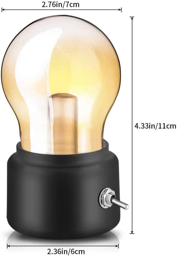 Retro Sengelampe Glødepære (Svart), USB Oppladbar LED Nattlampe