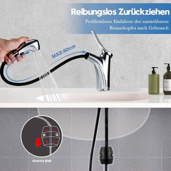 Pull-Out Bathroom Faucet with 2 Water Flow Modes, Hand Shower, Single Lever Mixer - Chrome