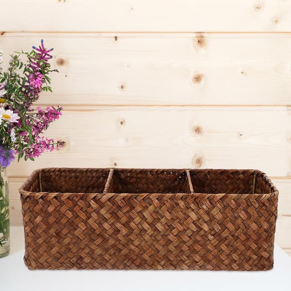 Woven Basket Desk Organizer 3-Compartment Basket Multifunctional Storage Container Khaki Simple