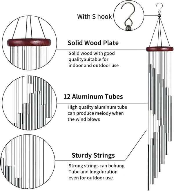 Garden Decorations Wind Chimes, Chimes with 12 Aluminum Tubes, Hanging Wind Chime Decor (A) (Silver)