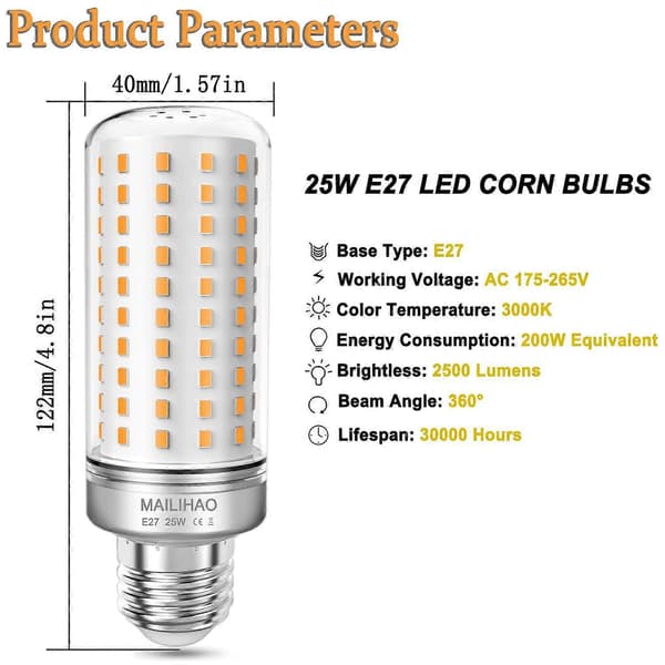 E27 LED Corn Bulbs 25w Warm White 3000K 1900LM 200W Incandescent Equivalent, E27 Decorative Light, Non-Dimmable, 1-pack