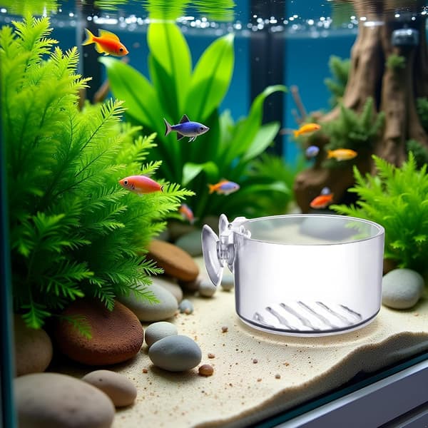 1 akvariefiskfoderdispenser med sugekop, gennemsigtig, rund og perforeret dispenser, akryl