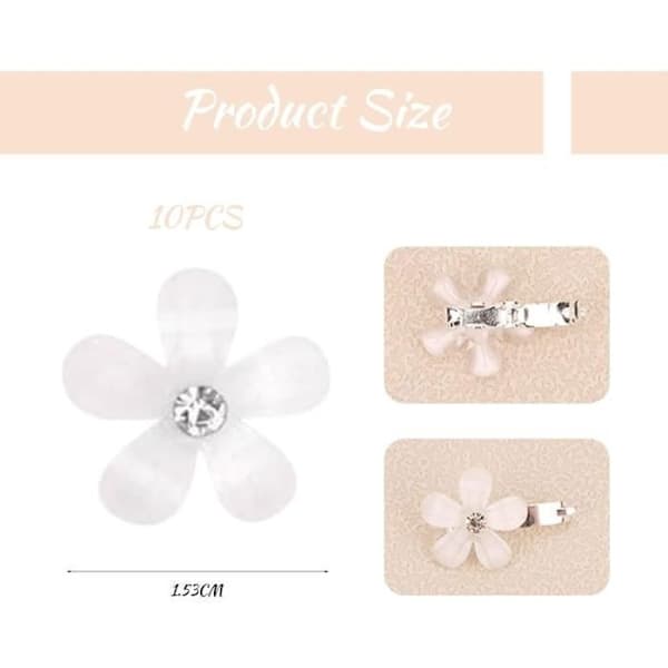 10 stk. Mini Hårklemmer med Hvide Blomster og Rhinestones - Dekorative Hårklemmer til Bryllup