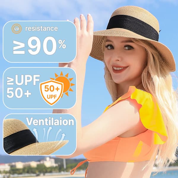 Dame strandhat, UPF 50+ UV-beskyttelse bredskygget sommerstråhat, foldbar og rullebar.