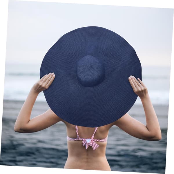 Foldable Beach Straw Hat Women's Sun Hat Wide Brim Bucket Straw Sun Visor for Summer Navy Blue