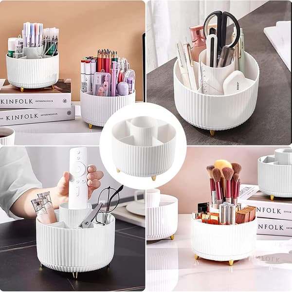 360° Rotating Makeup Organizer Makeup Brush Holder with 5 Compartments for Dressing Table Bedroom Bathroom Office White White