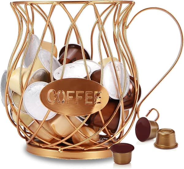 Coffee Pod Storage Basket, Multiple Pod Holder, Countertop Kitchen Storage Rack (Gold) (LGL)