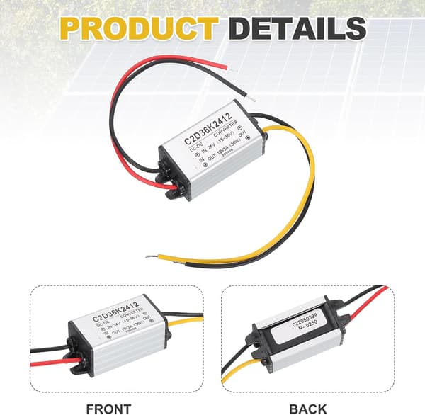 2 stk DC 24V til 12V strømomformer 3A 36W spenningsreduksjon IP67 transformatorforsyningsmoduladapter for bil lastebil solsystem Golden Tone