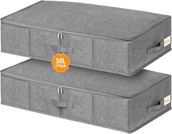 Under-bed storage boxes with lid 50L, 2-pack under-bed storage boxes, foldable fabric under-bed storage, 76x38x17cm
