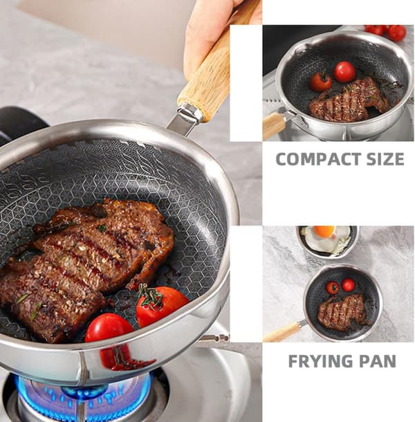 Nonstick stekepanne i rustfritt stål 20 cm Honeycomb-overflate Varmebevarende trehåndtak