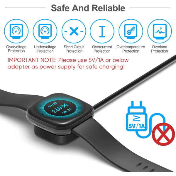 2-pack laddningskablar kompatibla med Fitbit Sense/Sense 2 och Versa 4/Versa 3 Smartklockor (3.3/1ft)