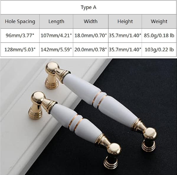 6-piece cabinet handle set, white ceramic zinc alloy cabinet handle (hole: 128 mm)